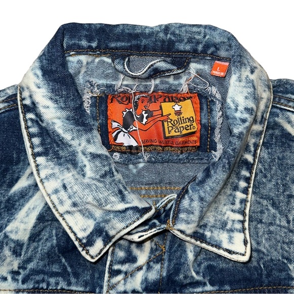 Rolling Paper Acid Wash Distressed Denim Jean Jacket Blend Unisex size Large✨ - Picture 9 of 16